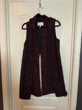BCBGeneration Long Textured Red and Black Small Hooded Vest with Pockets